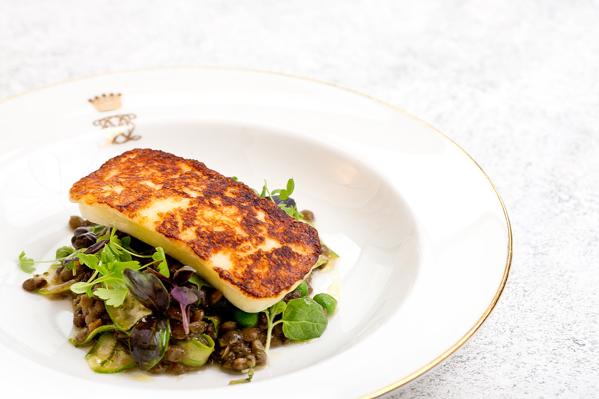 Fried halloumi, asparagus & herb salad, samphire, crispy quinoa, cumin aioli